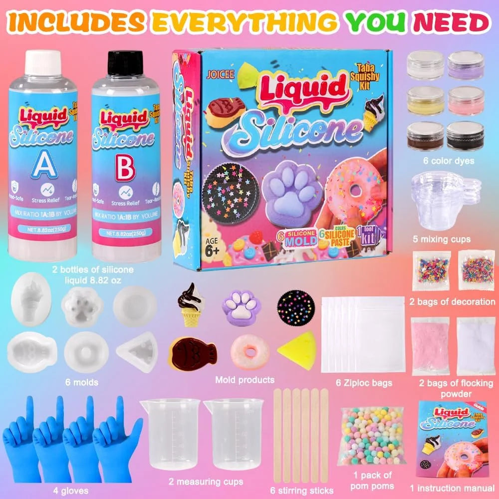 Taba Squishy Kit | DIY Squishy Making Kit | 18OZ 1:1 AB Liquid Silicone | 6 Molds